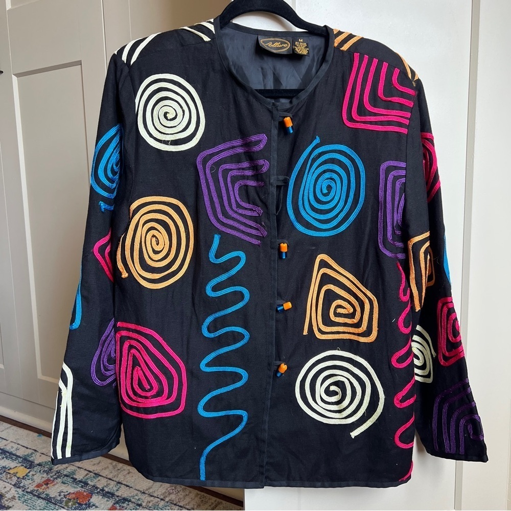 Vintage Allure Art to Wear Geometric Embroidered Ribbon Jacket 80s 90s Medium
